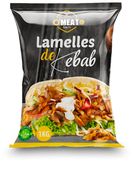 Emballage de lamelles de kebab halal de la marque O'Meat par Orcun Group