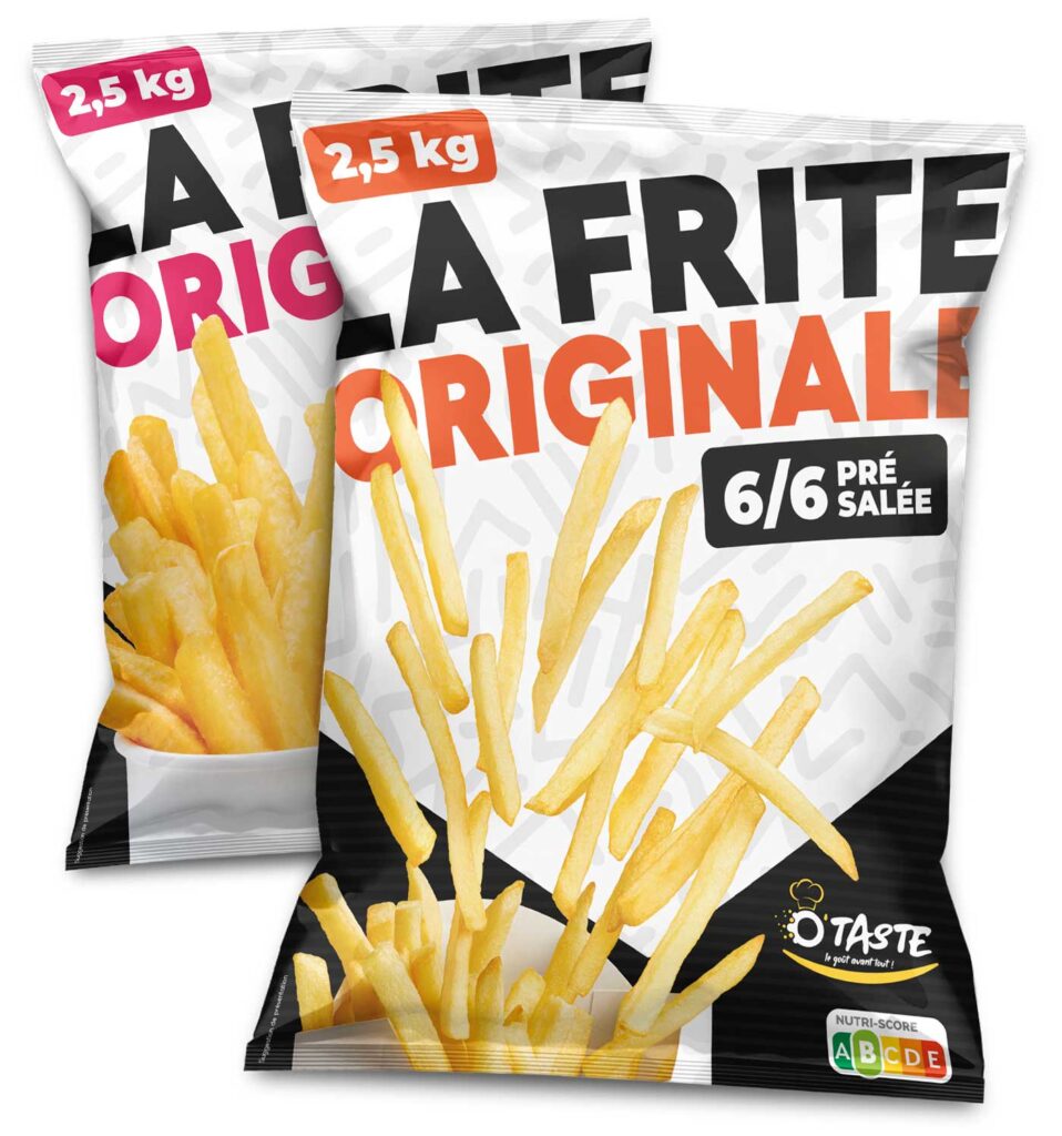 Paquets de frites originales pré-salées de 2,5 kg, disponibles chez un fournisseur de frites en gros