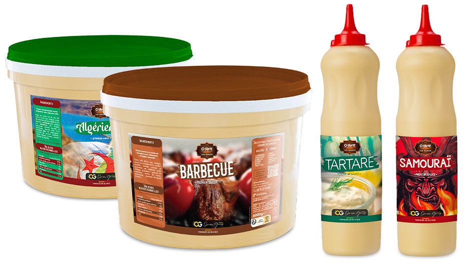 Seaux et bouteilles de sauces Algérienne, Barbecue, Tartare et Samouraï pour professionnels de la restauration