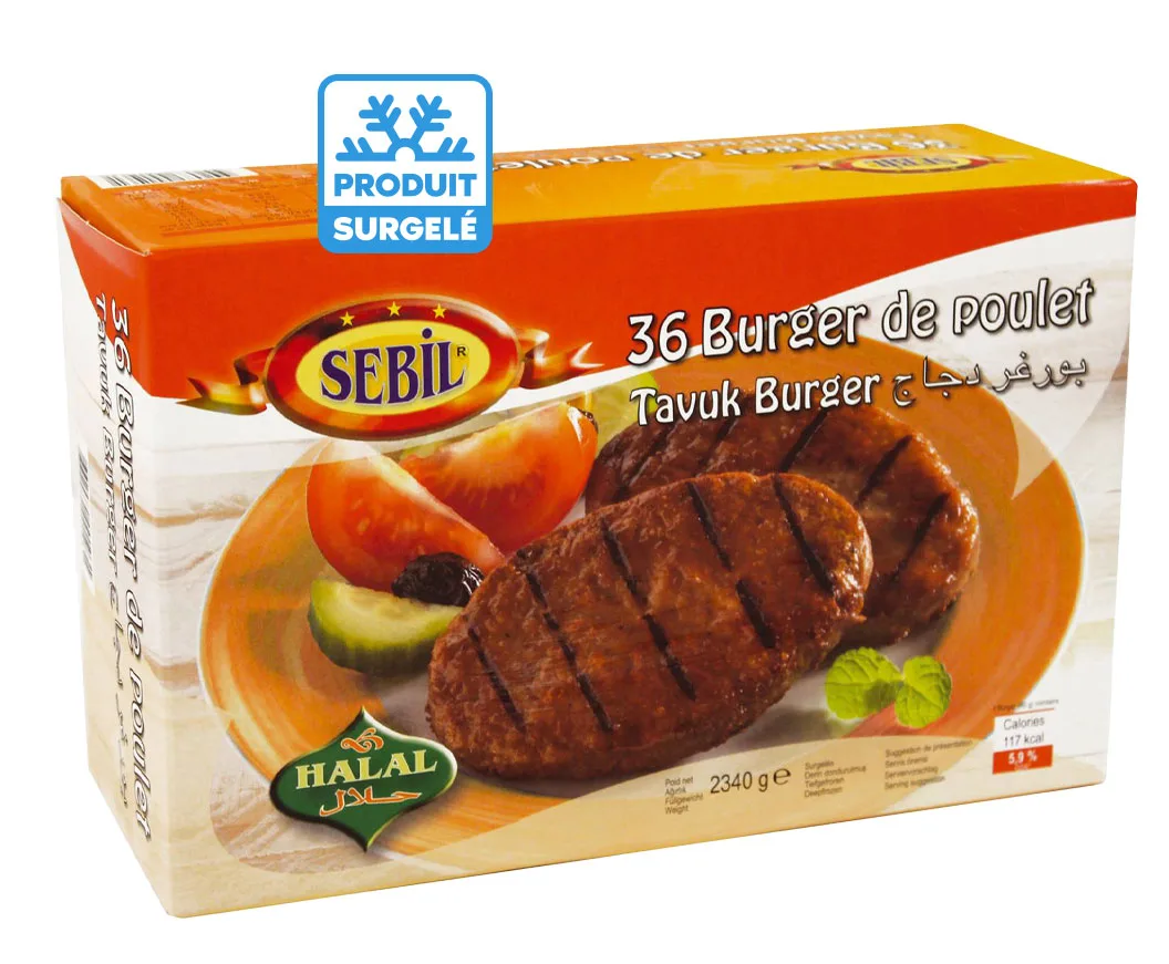 Boîte de 36 burgers de poulet halal surgelés Sebil.