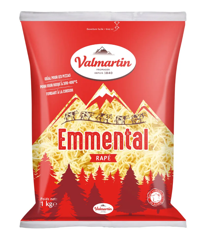 Sac d’emmental râpé Valmartin 1 kg pour pizzas.