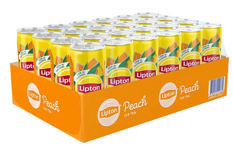 Pack de canettes Lipton Ice Tea Pêche, faible en calories.