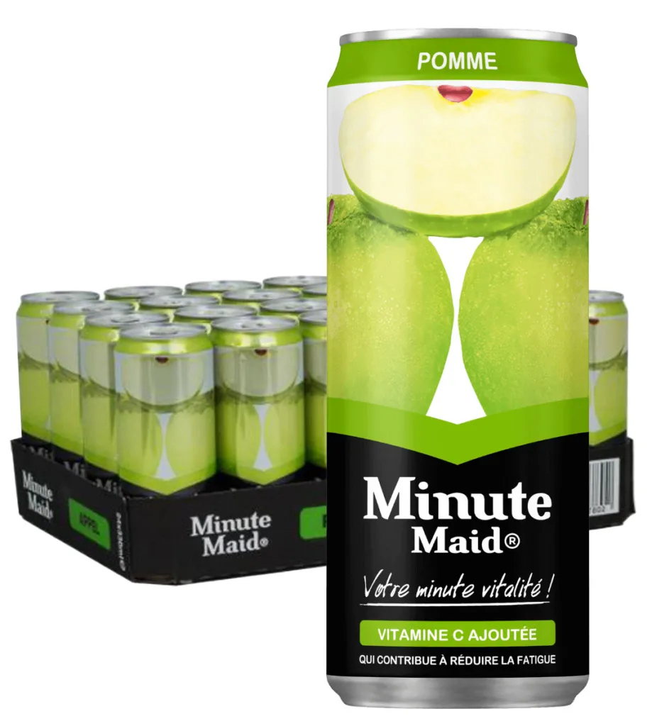 Pack de canettes Minute Maid goût pomme avec vitamine C ajoutée.