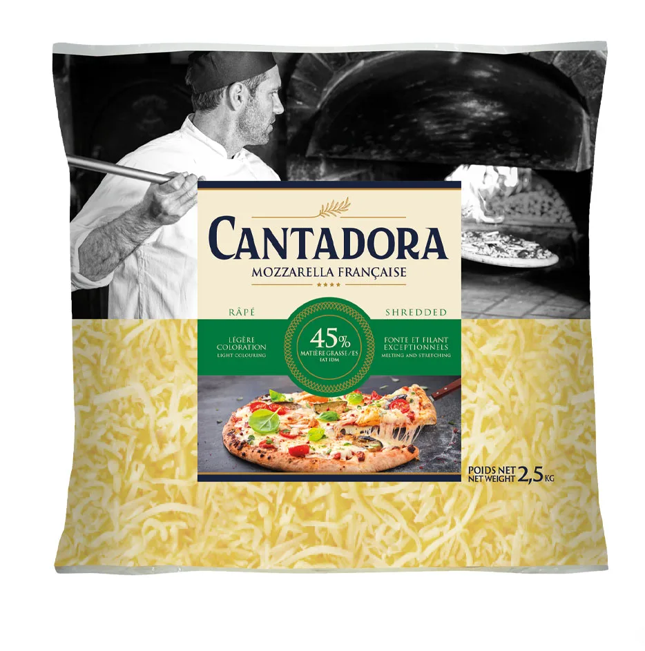 Sac de mozzarella râpée Cantadora 2,5 kg, spécial pizza.